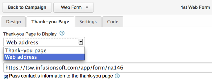 Infusionsoft Thank You Page URL From 1st Web Form To 2nd Web Form
