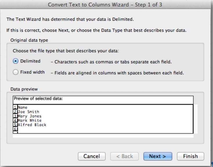 infusionsoft_database_import_excel_tips_text_to_column_delimited_preview