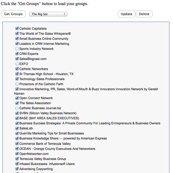 The LinkedIn Fast Send Wordpress Plugin lets you send to all of your LinkedIn Groups via group sets simultaneously.